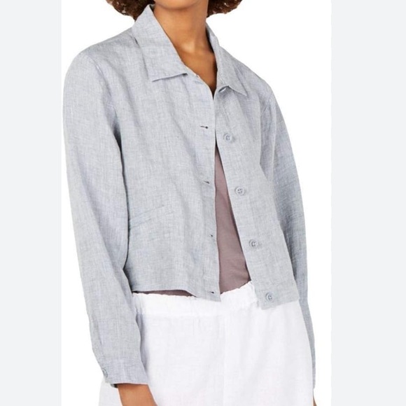 Eileen Fisher Blue Gray Button Up Linen Cropped Shirt Jacket Medium - Picture 10 of 14